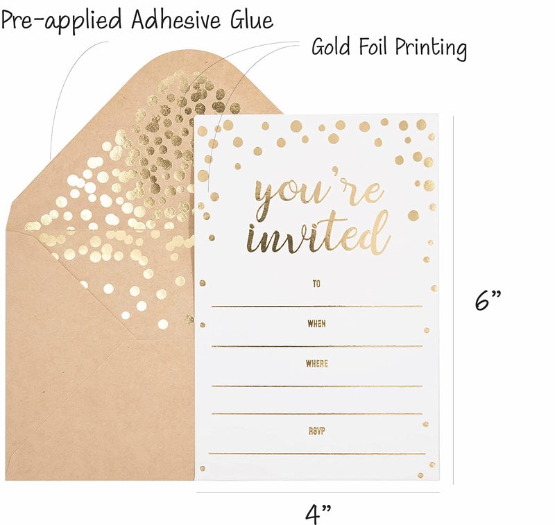 Partay Shenanigans 50 Pack Invitation Card - Elegant Greeting Cards â€˜â€™You are Invitedâ€™â€™ in Gold Foil Letters â€“ for Wedding, Bridal Shower, Baby Shower, Birthday Invitations - 52 Kraft Envelopes Included - 4" x 6" - Image 2